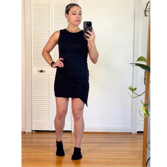 Asymmetrical hem little black bodycon dress, flattering, very stretchy, size S-M - Picture 2 of 6